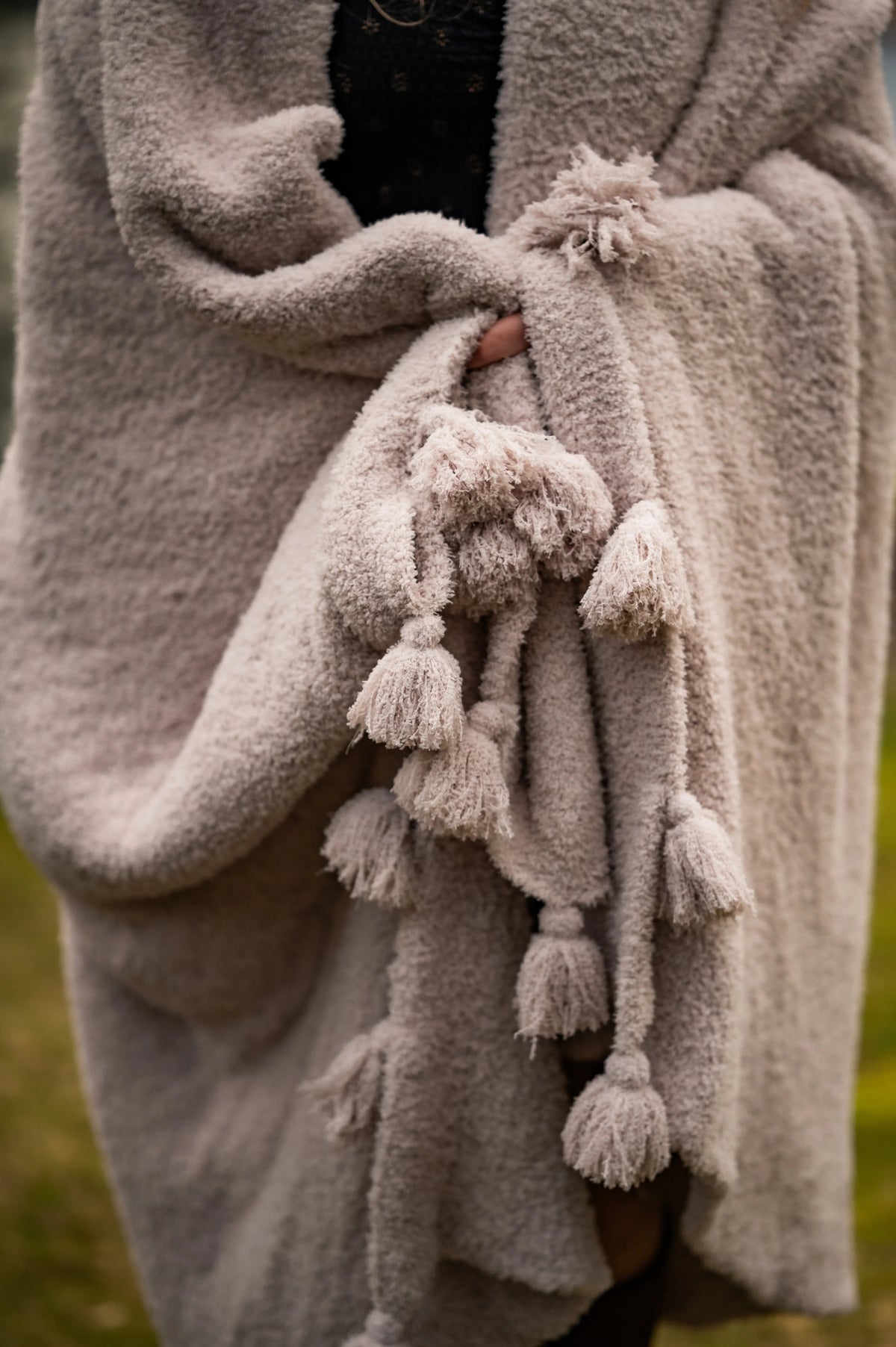 Blushing Beige Solid Double Layer with Tassels Print Extended Throw