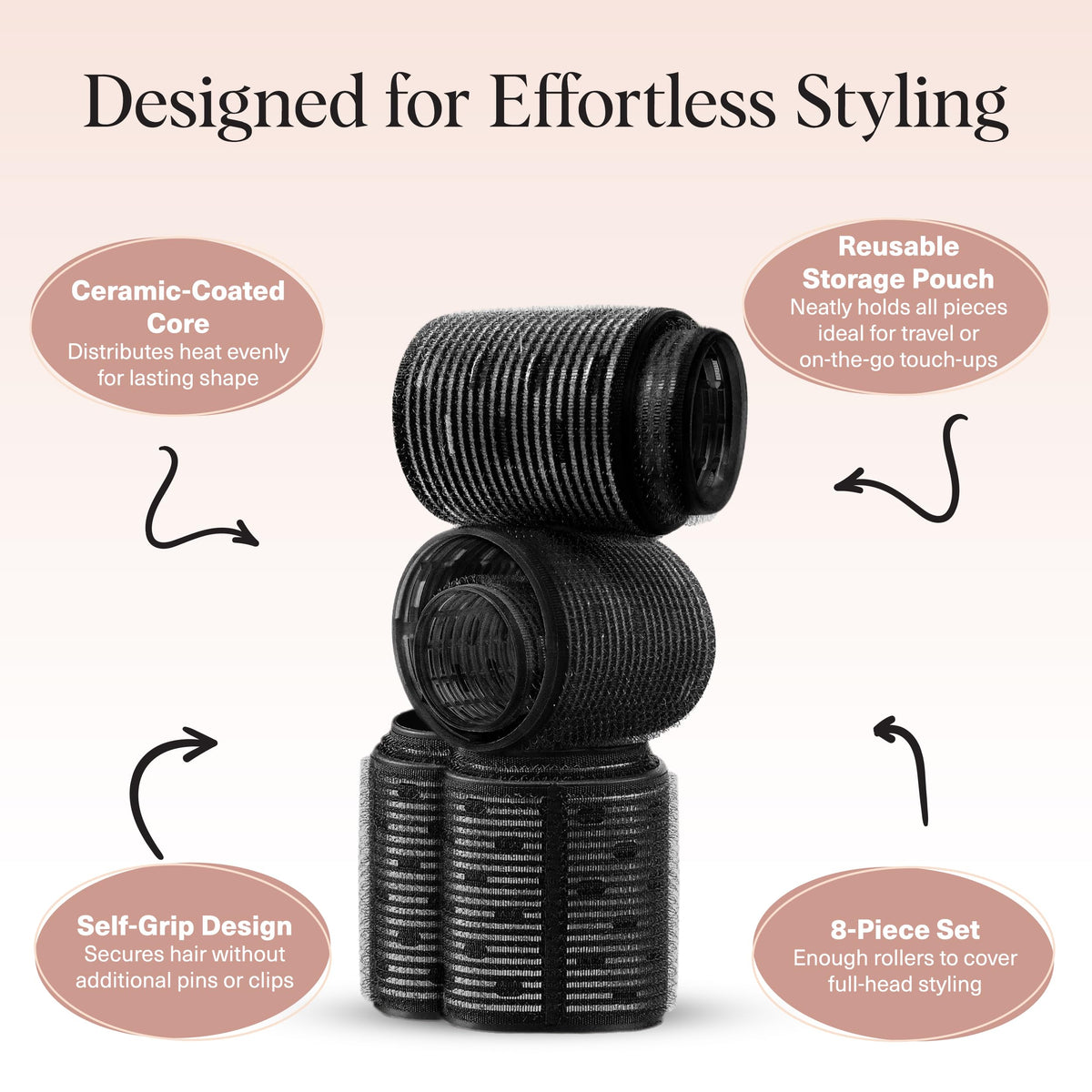 Kitsch Ceramic Thermal Hair Rollers for Women – Self Grip Hair Curlers for Heatless Curls Overnight - Volumizing Large Rollers for Short & Long Hair - For Long Lasting Frizz-Free Curls - Black, 8pcs 🍁 All In One Marketplace Canada