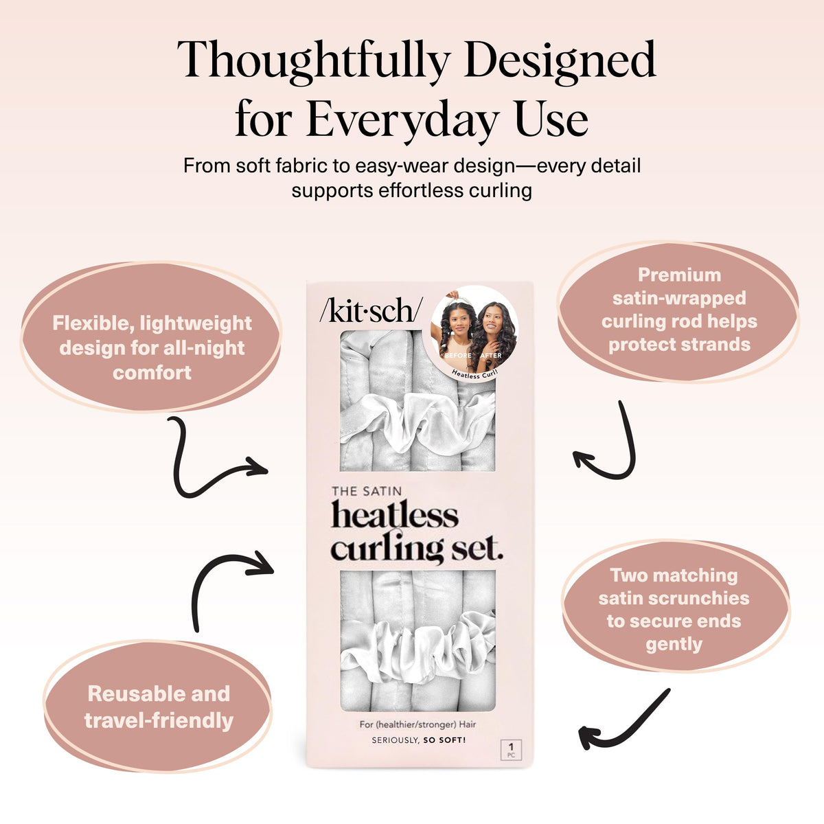 Kitsch Satin Heatless Curlers Set – Heatless Curls Overnight w/ 34" Hair Waver & 2 Satin Hair Scrunchies, Comfortable Hair Curlers to Sleep In for Frizz-Free, No Heat Damage Styling - Ivory 🍁 All In One Marketplace Canada
