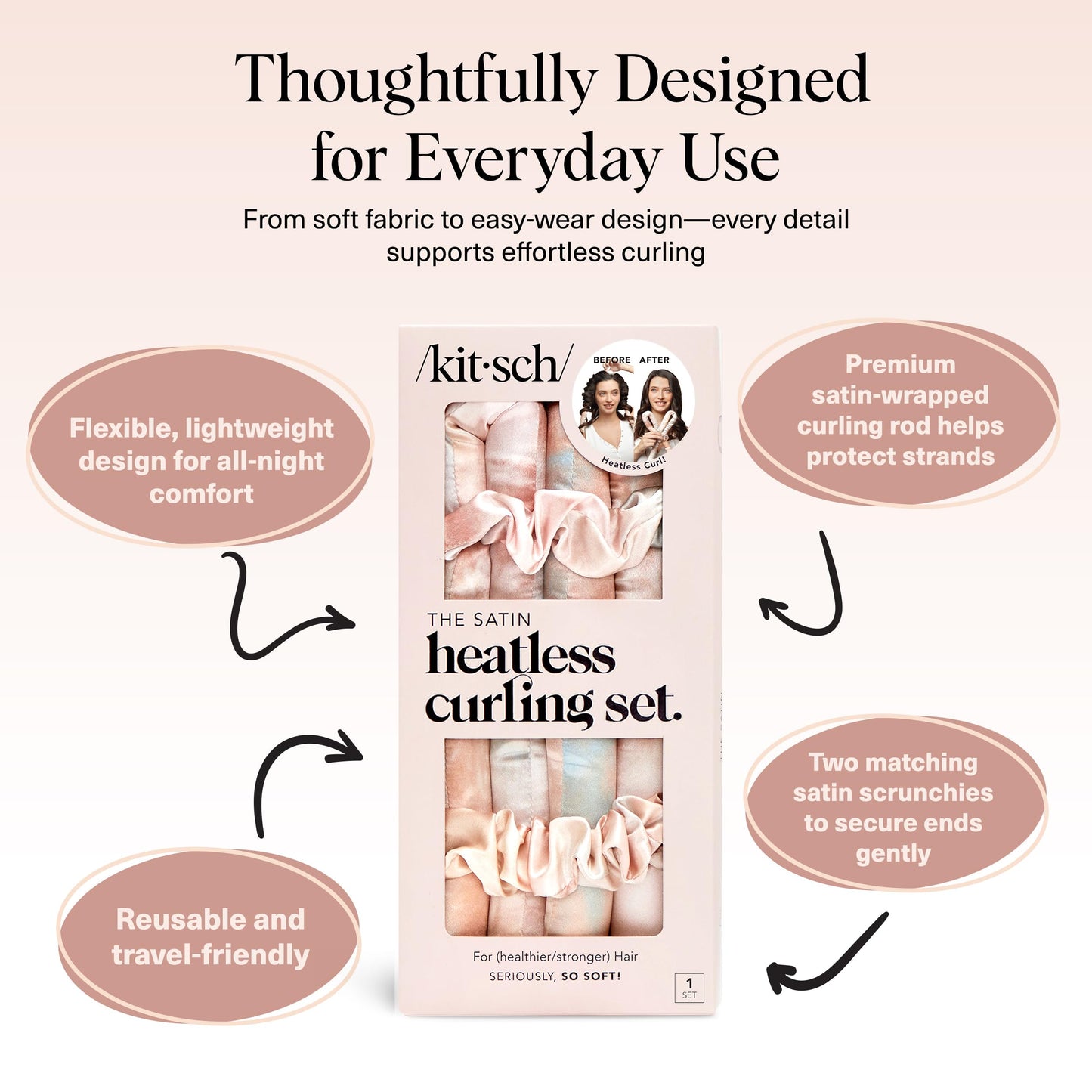 Kitsch Satin Heatless Curlers Set – Heatless Curls Overnight w/ 34" Hair Waver & 2 Satin Hair Scrunchies, Comfortable Hair Curlers to Sleep In for Frizz-Free, No Heat Damage Styling - Sunset Tie Dye 🍁 All In One Marketplace Canada