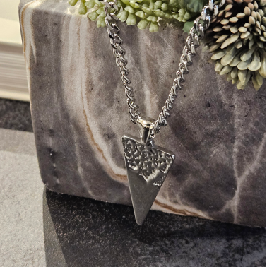 Silver power chain necklace with textured triangle pendant from Hackney Nine Jewellery, featuring a white gold finish and modern design.