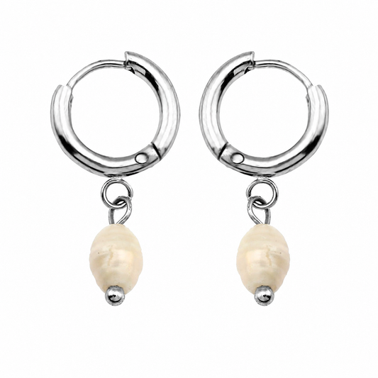 HACKNEY NINE Silver mini hoop earrings with delicate freshwater pearl charms, elegant jewelry for everyday or special occasions.