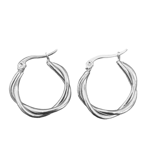 HACKNEY NINE Silver twisted metal strand hoop earrings showcasing a sleek, modern design with a polished finish.