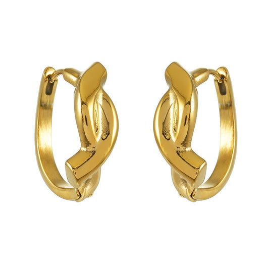 HACKNEY NINE Jewellery SIYAMI Gold Sculpted Wave Hoop Earrings, shiny gold earrings with a flowing wave design on a white background.
