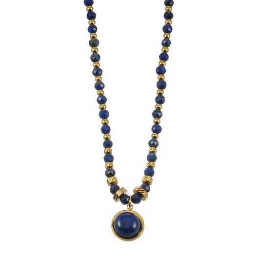 Beaded pendant necklace featuring natural lapis lazuli stones with gold accents, crafted by Hackney Nine Jewellery.
