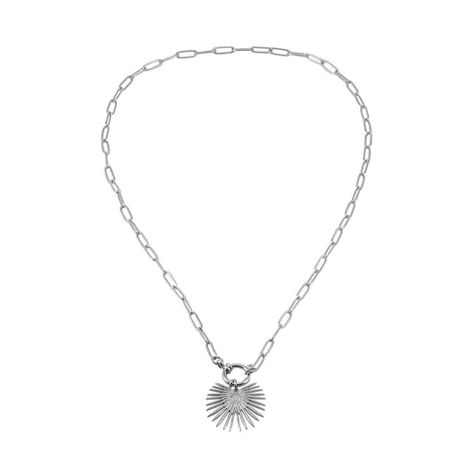 HACKNEY NINE Silver Helios Sunburst Pendant Necklace with paperclip chain, inspired by ancient Mediterranean design.