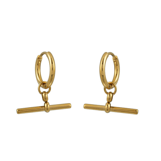 Gold hoop earrings by Hackney Nine Jewellery featuring dangling T-bar charms, stylish and elegant for everyday wear.