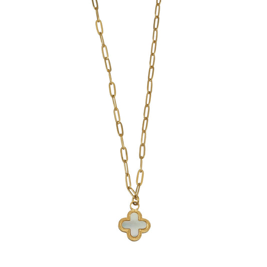 HACKNEY NINE Clover-shaped gold necklace with natural shell charm on paperclip chain, featuring gold metal border.