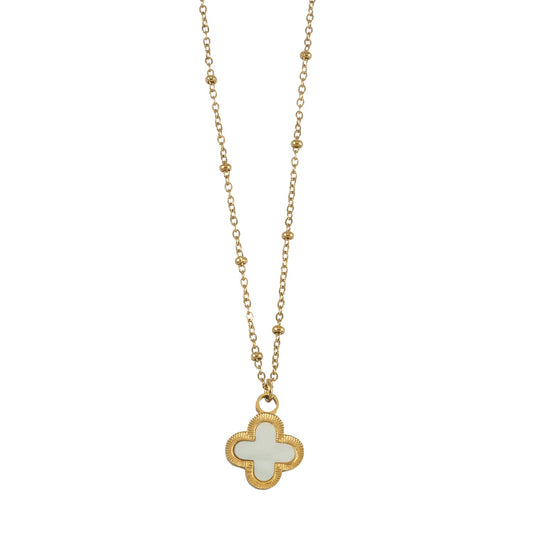 HACKNEY NINE Jewellery LULLA Gold shell clover pendant beaded chain necklace with natural shell details and gold accents.
