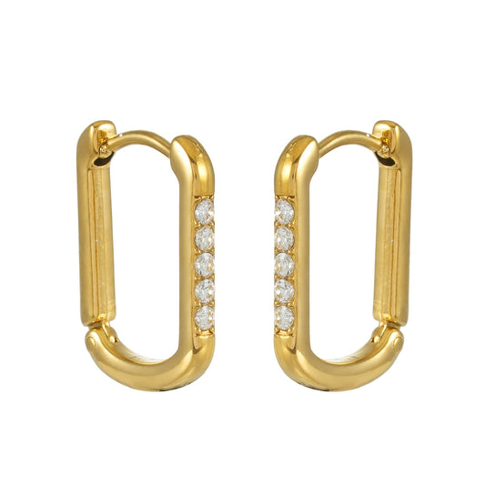 HACKNEY NINE Gold Pavé Zirconia Rectangle Hoop Earrings, elegant jewelry with sparkling stones and geometric design.