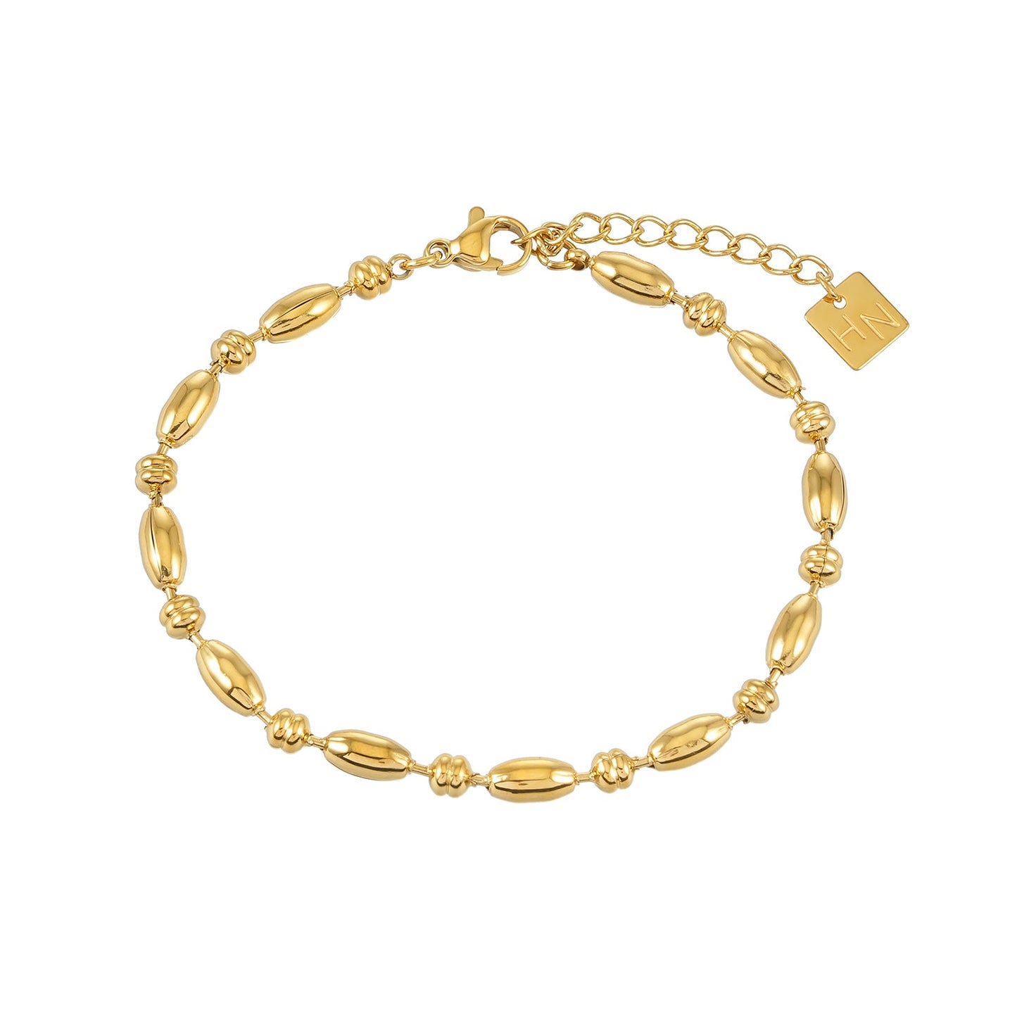 HACKNEY NINE Jewellery ADIATA Gold polished oval bead bracelet with sculpted design, elegant statement jewelry for women.
