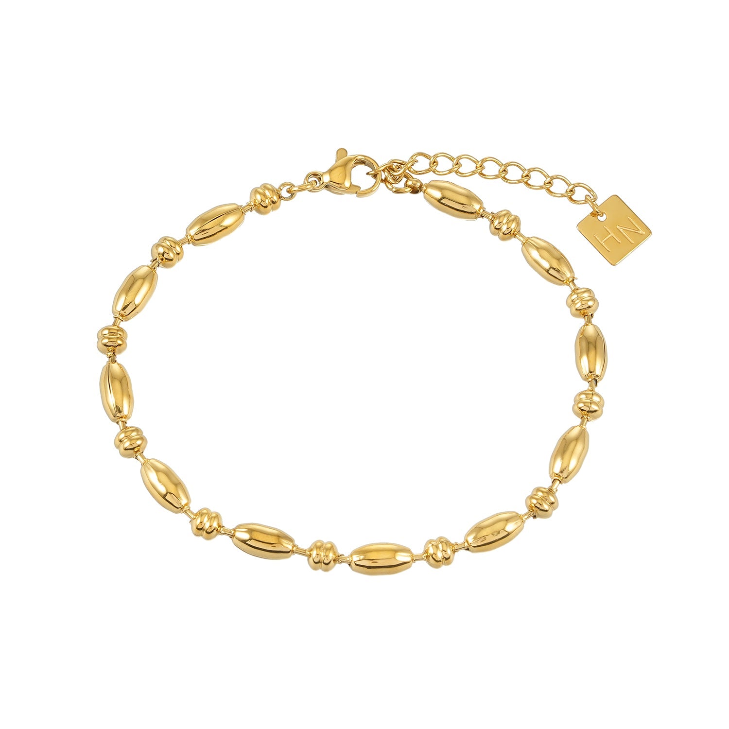 HACKNEY NINE Jewellery ADIATA Gold polished oval bead bracelet with sculpted design, elegant statement jewelry for women.