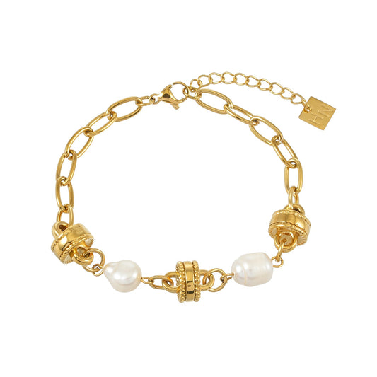 HACKNEY NINE Jewellery ARGENTA Gold Regal Harmony chain bracelet with relic orbs and freshwater pearls, elegant jewelry accessory