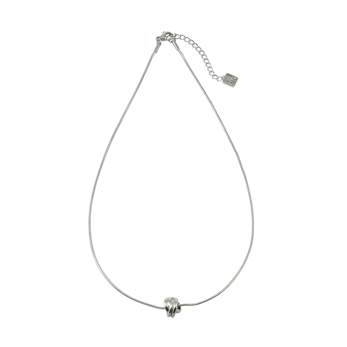 HACKNEY NINE Jewellery ALEKI Silver white gold sculptural knot pendant necklace, close-up of intricate design and polished finish.