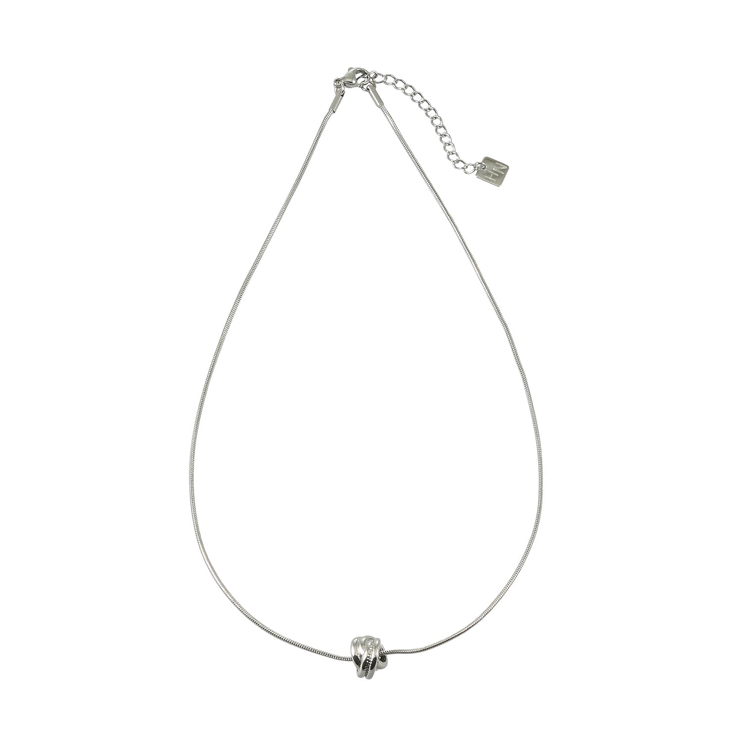 HACKNEY NINE Jewellery ALEKI Silver white gold sculptural knot pendant necklace, close-up of intricate design and polished finish.