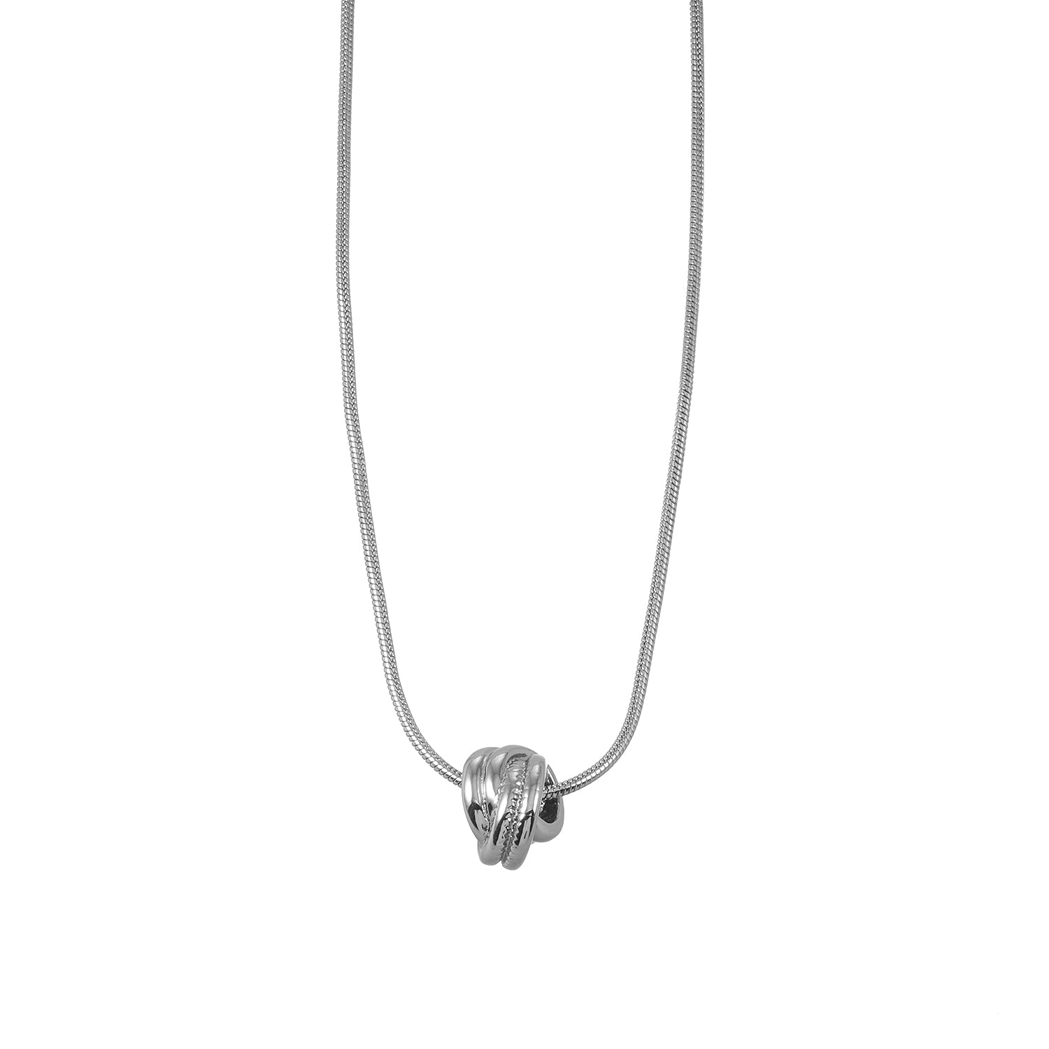 HACKNEY NINE Silver Sculptural Knot Pendant Necklace in white gold, featuring a modern, elegant design on a chain.