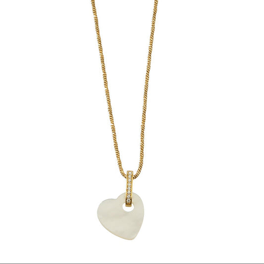 HACKNEY NINE Gold Mother of Pearl Heart Pendant Necklace with Zirconia stones, featuring a delicate gold chain and elegant design.