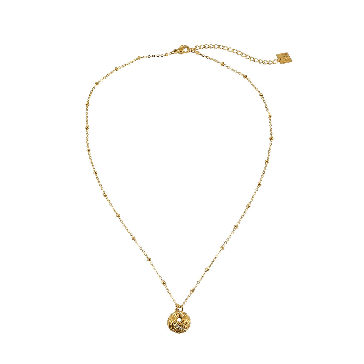 HACKNEY NINE Jewellery SALAMASINA Gold crystal interwoven knot pendant necklace, close-up of elegant gold jewelry with sparkling details.