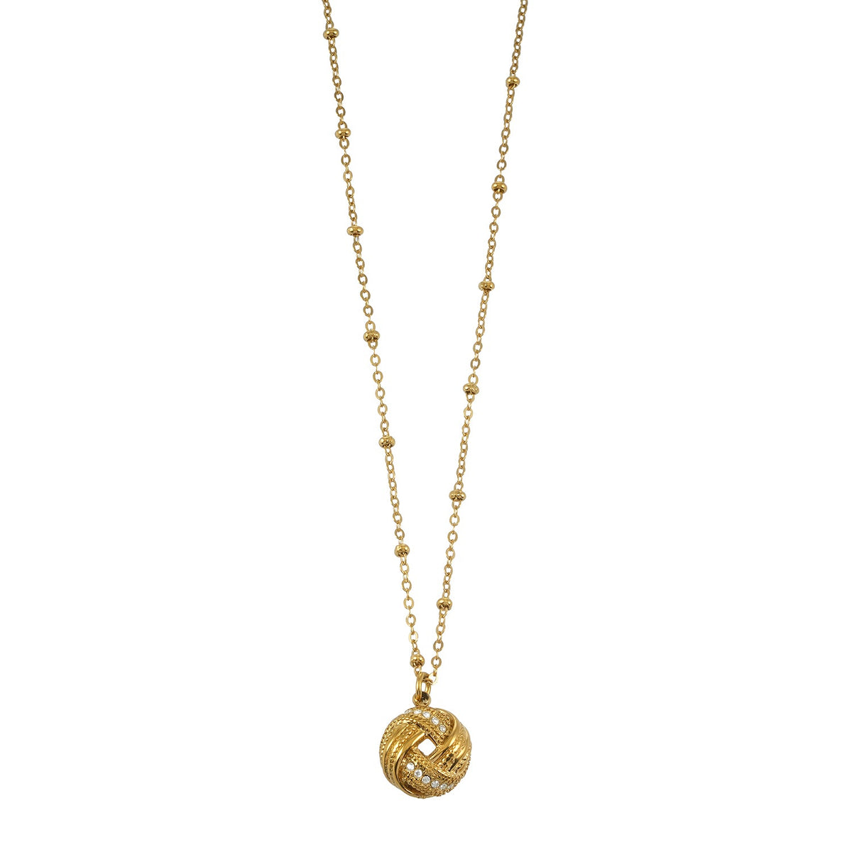 HACKNEY NINE Jewellery SALAMASINA Gold crystal interwoven knot pendant necklace displayed on a white background.