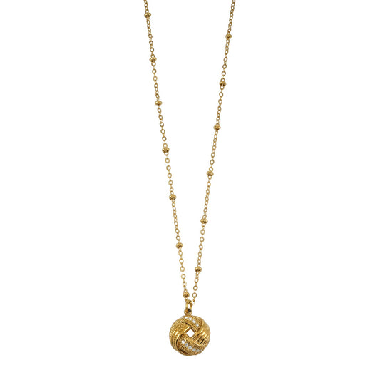 HACKNEY NINE Jewellery SALAMASINA Gold crystal interwoven knot pendant necklace displayed on a white background.
