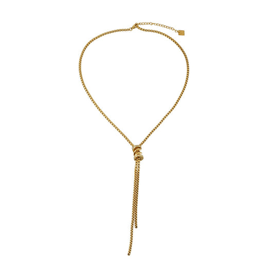 HACKNEY NINE Jewellery Mahana Gold lariat necklace with sliding bead and tassel drop, modern minimal statement jewelry.