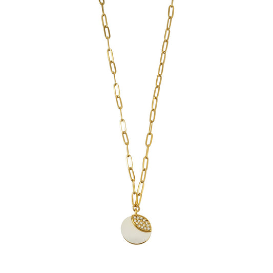 HACKNEY NINE Jewellery MOGGNA Gold Coastal Shell Charm Necklace with oval-cut zirconia inlay, featuring a delicate chain and shell pendant.