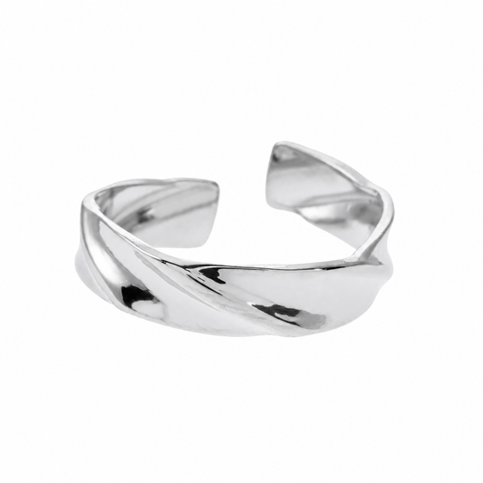 Modernist silver ring with geometric shapes and textured design from Hackney Nine Jewellery's Elias collection.