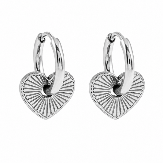HACKNEY NINE Silver (White Gold) heart charm hoop earrings with romantic design, perfect for symbolize everlasting love.
