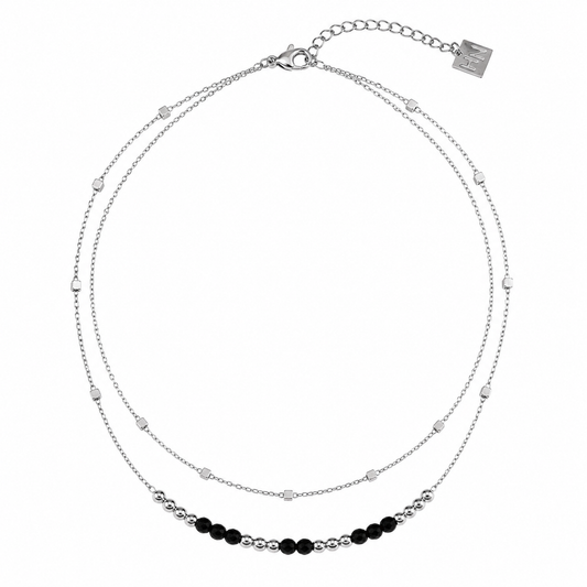 HILDA Silver necklace by Hackney Nine Jewelry featuring two-in-one black and gold square and round bead design.