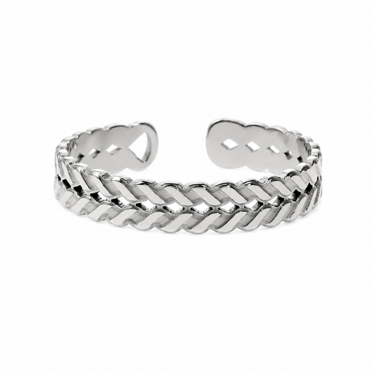 HACKNEY NINE Silver double-stacked herringbone textured ring with a sleek, modern design and polished finish.