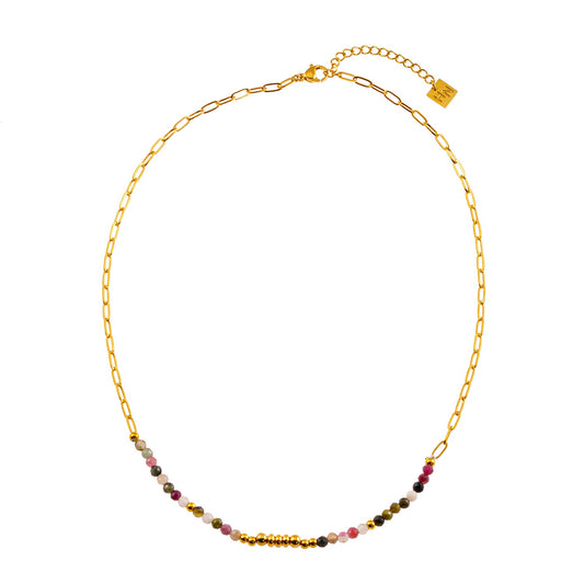 SEHAR Gold mixed stone and gold beaded necklace by Hackney Nine Jewellery, featuring colorful stones and elegant gold beads.