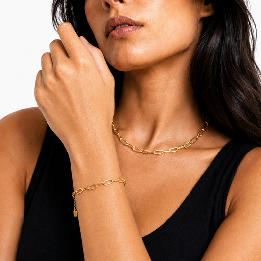 HACKNEY NINE Jewelry TIKI Gold mini paper-clip chain bracelet worn as a necklace, featuring sleek gold links and modern design